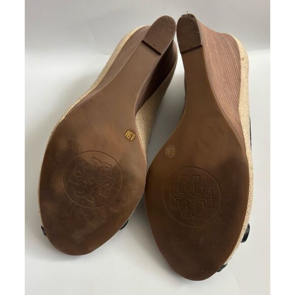 Tory Burch Leticia Peep-Toe Canvas /Leather Wedge Size 8.5 - Picture 6 of 9